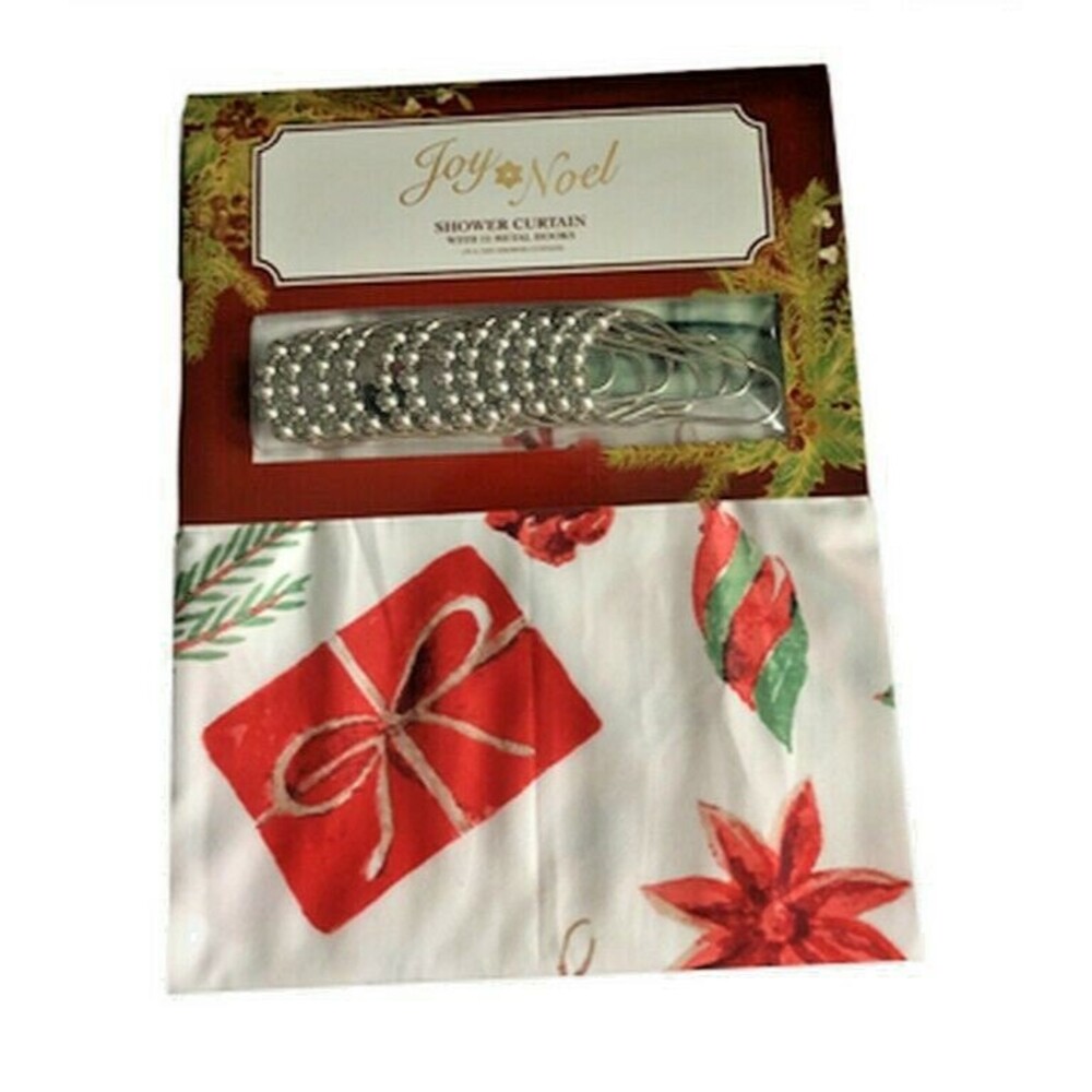 Christmas Fabric Shower Curtain Presents Candy Cane Holiday with Hooks 72x70"